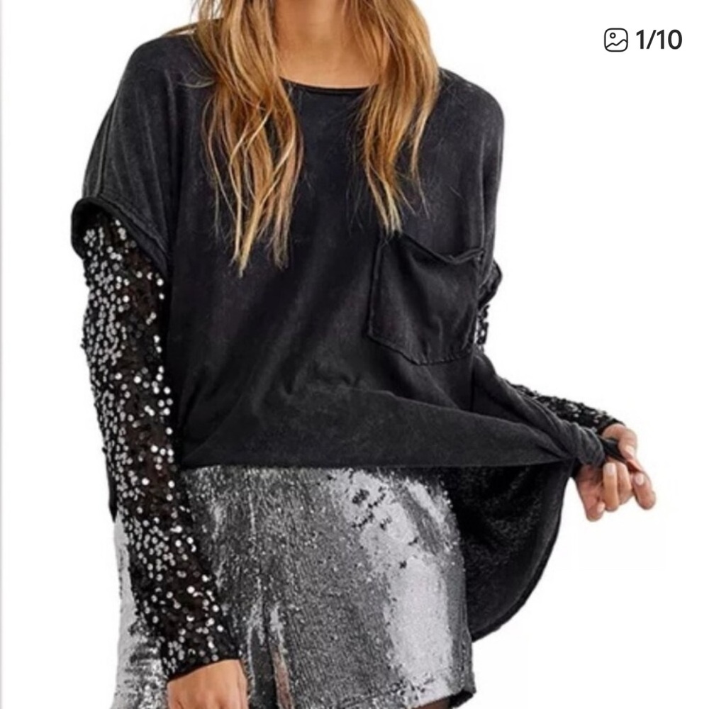 Free People Oversized Black T / Baseball with Sequin Sleeves